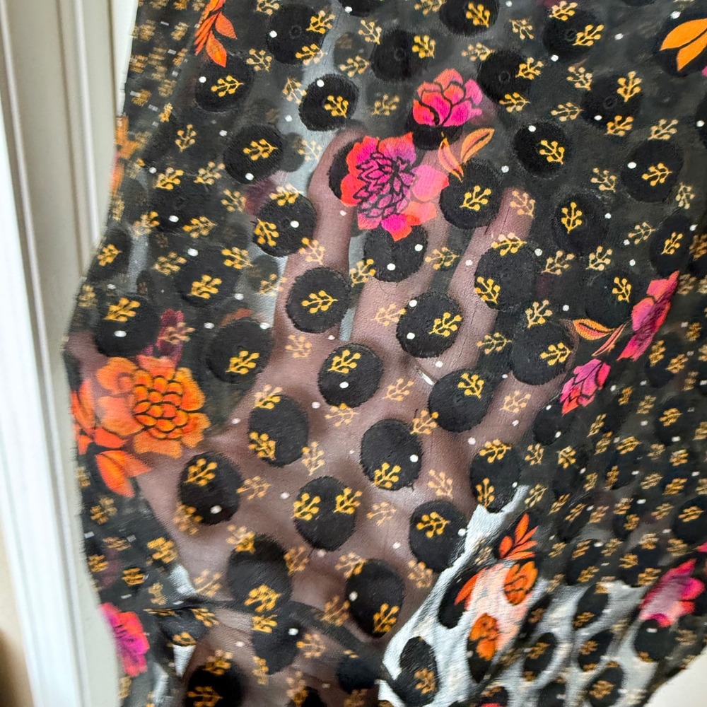 LOFT Floral Blouse Womens XS Black Orange Sheer Clip Dot Button Down Excellent - Picture 6 of 8